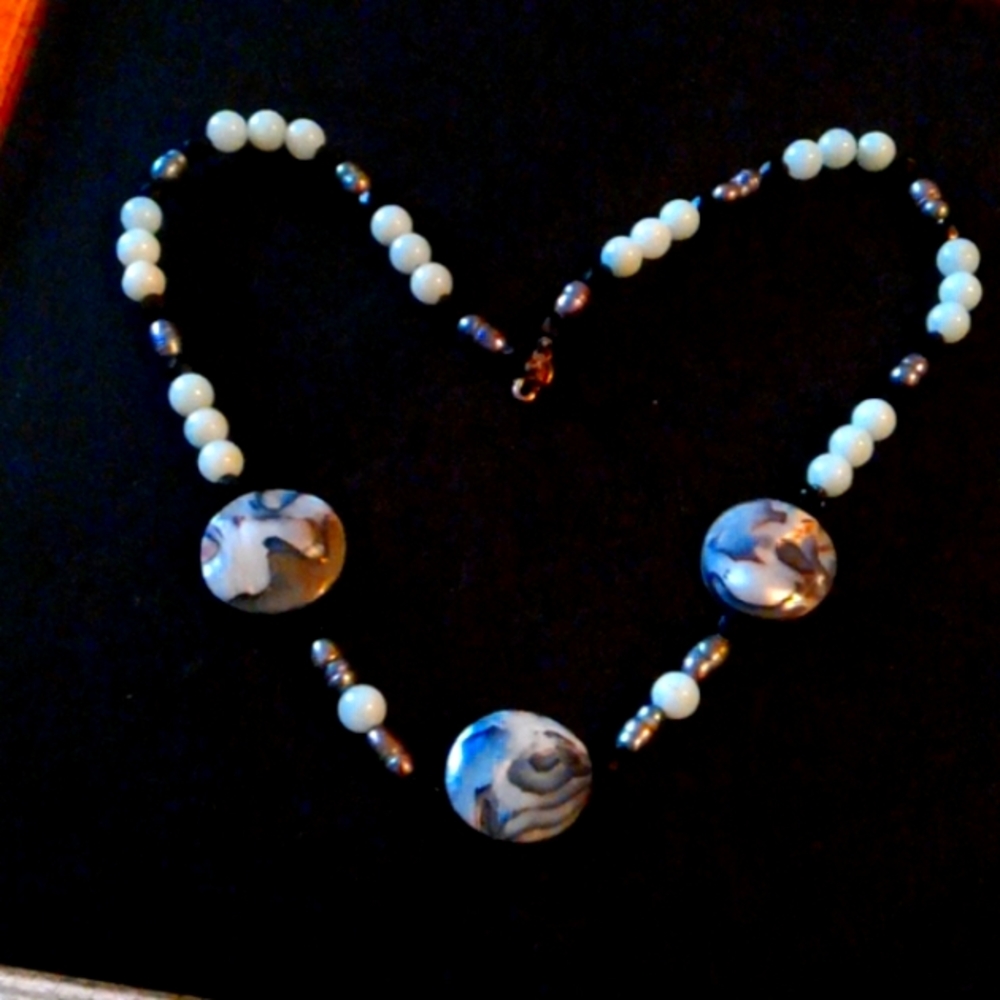 Abalone, Jade and Baroque Pearl Choker. Beauty. Nice Condition.